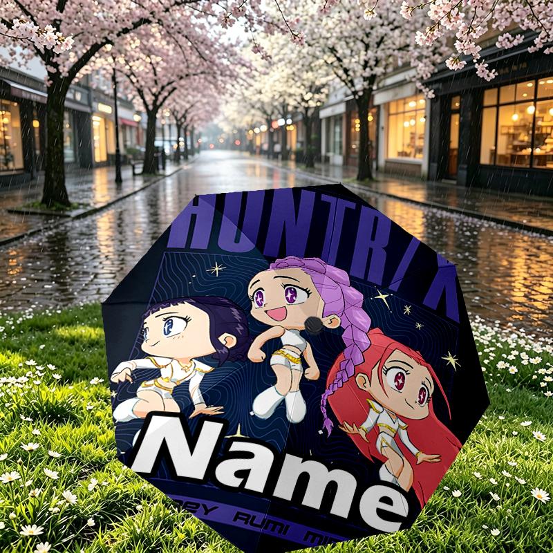 Custom Name Personalized KPop Demon Hunters Print Umbrella, Auto Open Close, 8‑Rib Sturdy Frame, Commute Camping Hiking Use, Birthday Gift