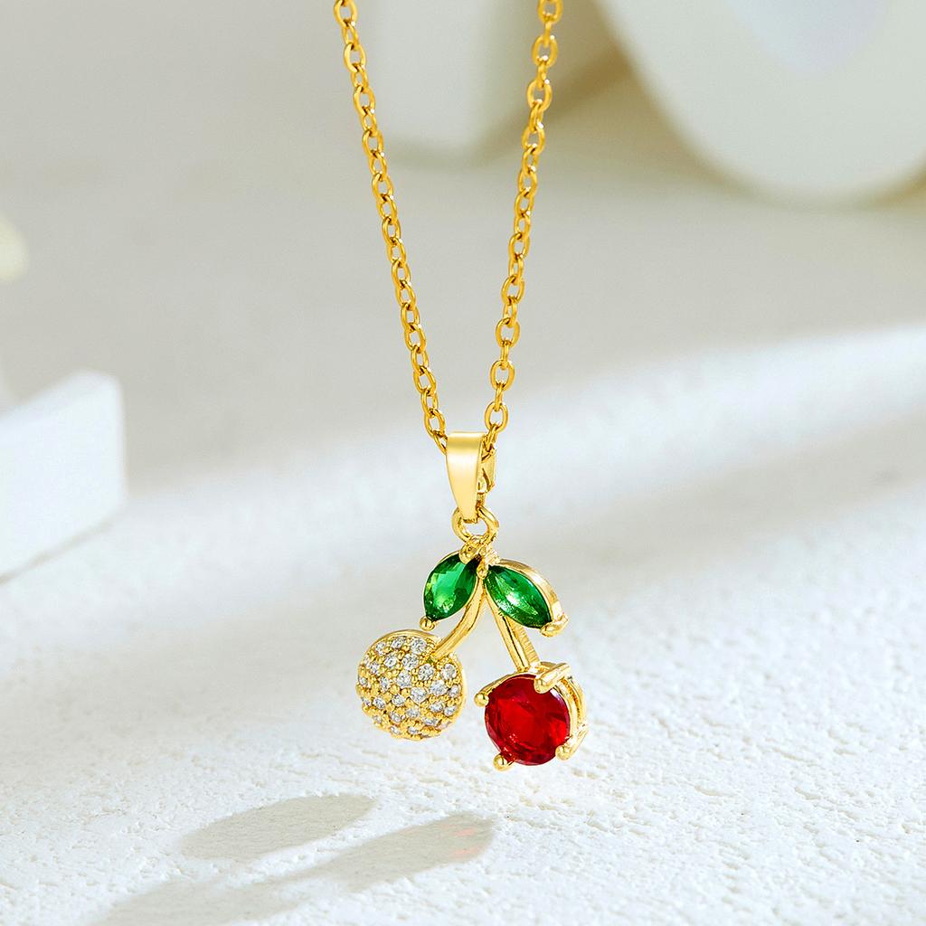 New Sweet and Cute Dripping Oil Strawberry Cherry Titanium Steel Necklace Female Simple Versatile Fruit Series Collarbone Chain