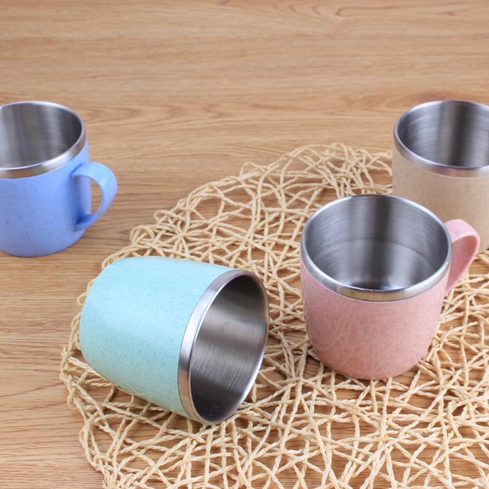 304 Stainless Steel Tea Mugs Plastic Handle Children Milk Cup Double Layer Coffee Cups Kids