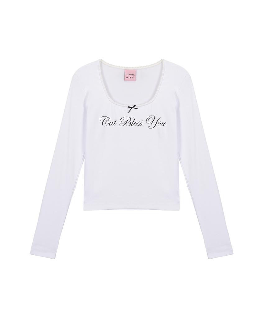 Isjabaibeu Cat Bless Ribbon Long Sleeve - White