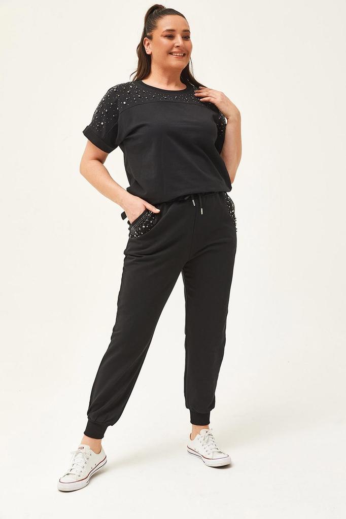 Set de trening de marime mari la moda pentru dama Set de trening de vara verde cu maneca scurta, detaliat cu piatra si margele