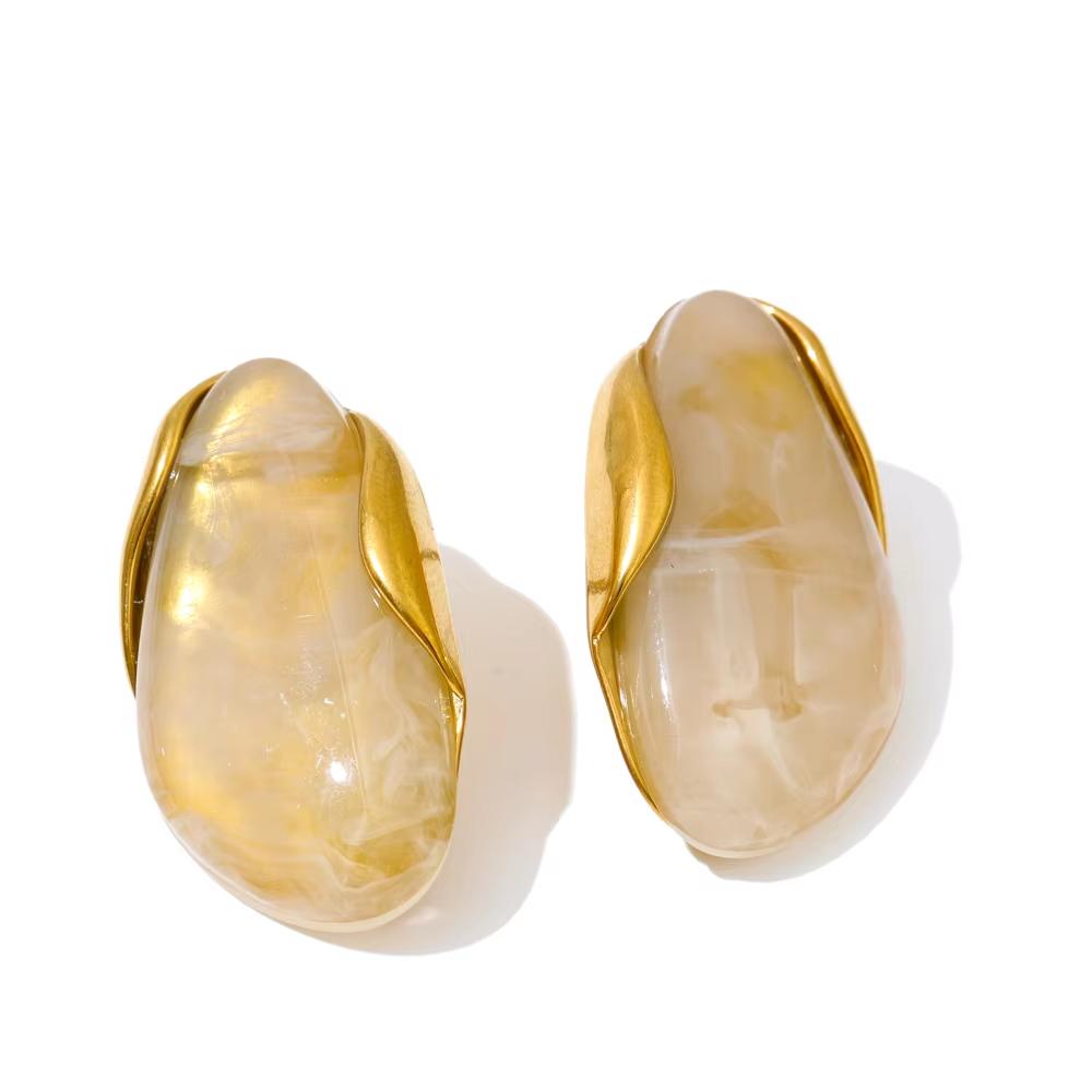 Yhpup Nuevo Diseño Marrón Verde Beige Resina Geométrica Anillo Ajustable Acero Inoxidable PVD Dorado Resistente a la Corrosión Joyería para Dedos Regalo