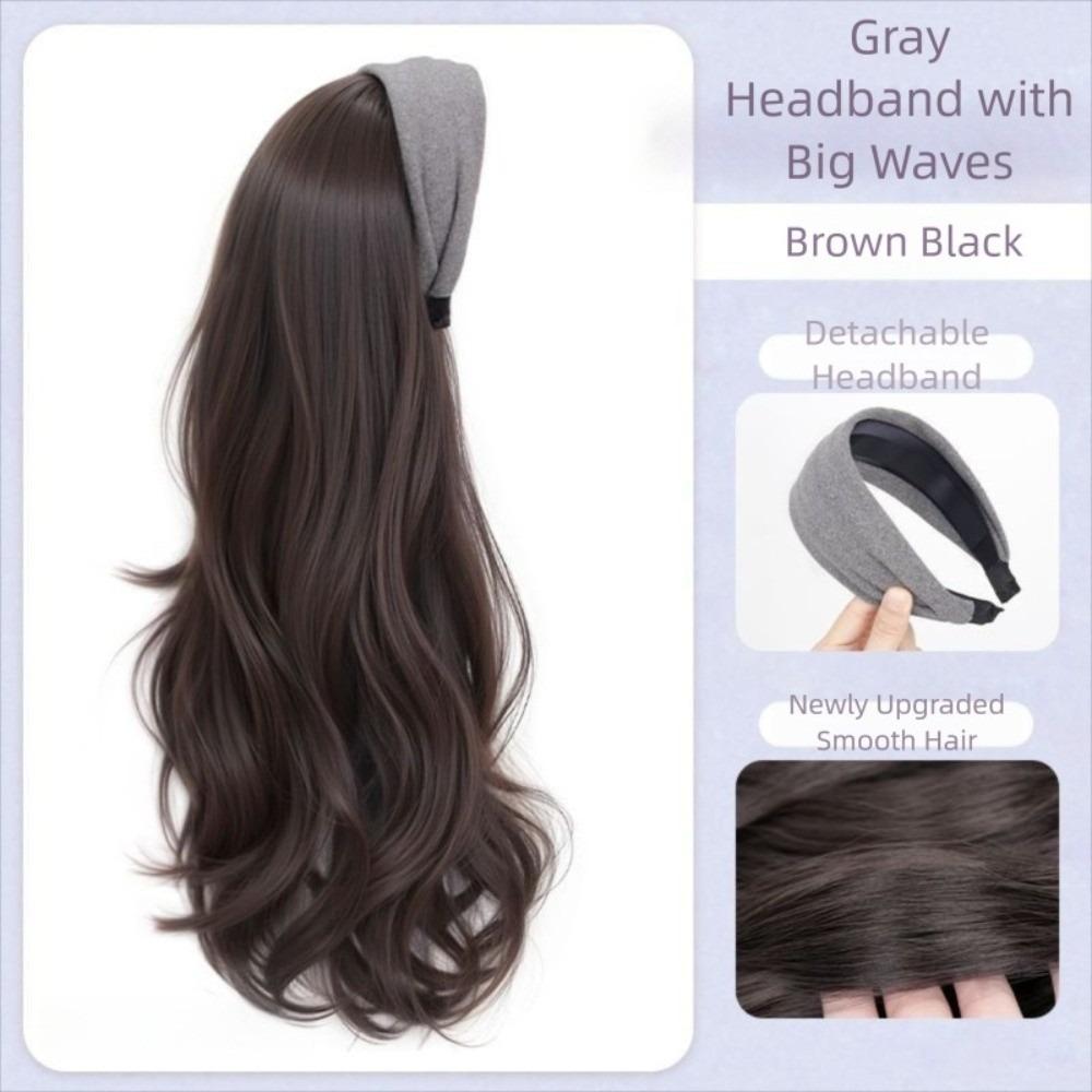 Hair Hoop Half Headband Wig Korean Style Long Wavy Curly  Hair Gray Wide Knit Headband Wig  Party