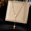 Gold Plated Stainless Steel Cross and Heart Lariat Necklace for Women
