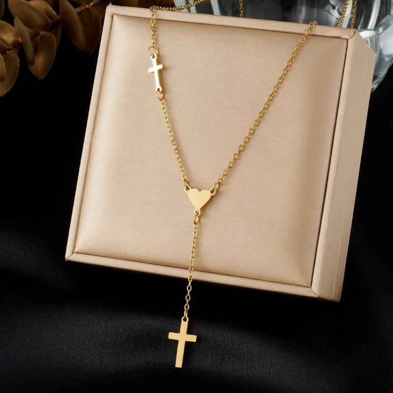 Gold Plated Stainless Steel Cross and Heart Lariat Necklace for Women
