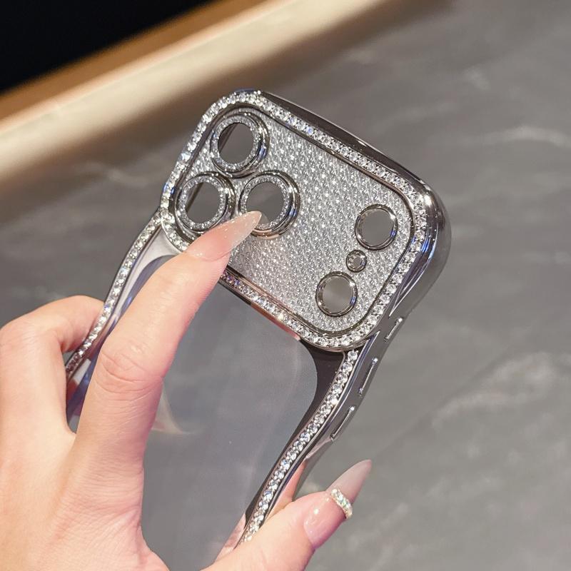 KEYSION Plating Transparent Wavy Rhinestone Phone Case for iPhone 13 14 15 16 17 Pro Max Air 16 Plus Lens Protector Shockproof Cover