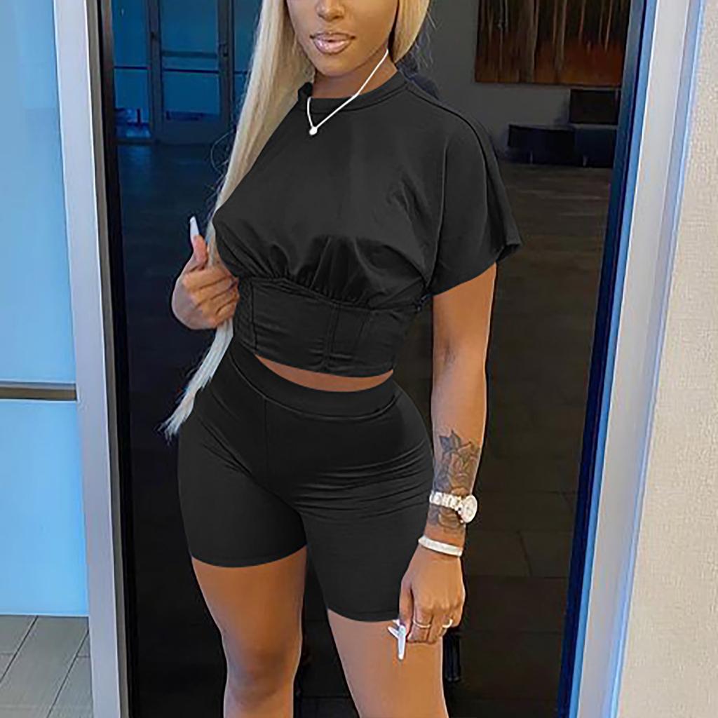 Womens Tracksuits  Color Sports Waist Set Short Sleeve Tops Shorts Set