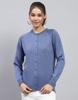 Womens Solid Blue Round Neck Full Sleeve Cardigan