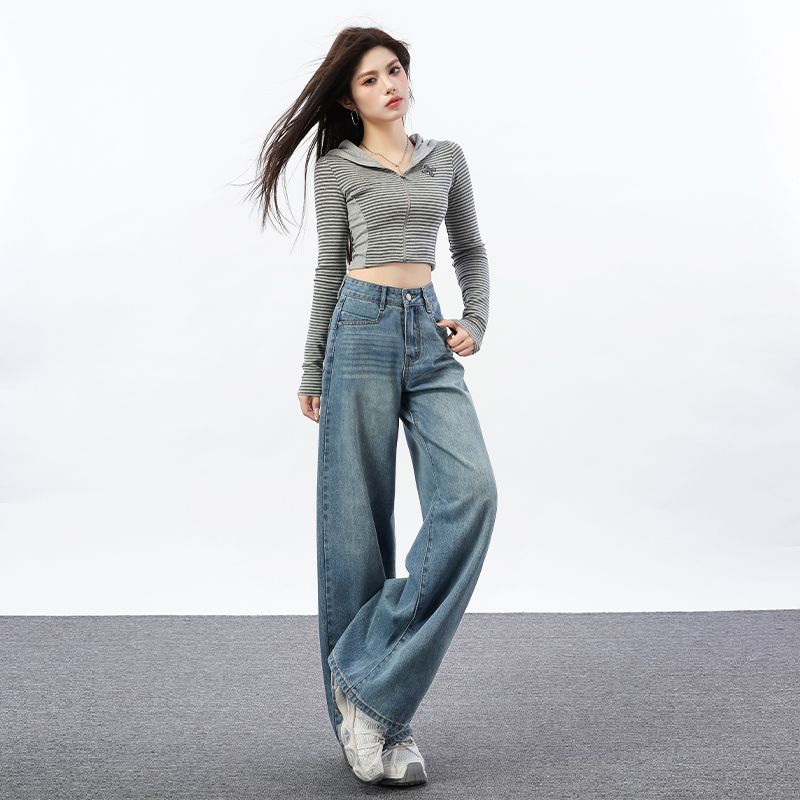 Spring Summer Vintage High Waist Non Cling Relax Floor Wide Leg Micro Flare Denim Pants For Ladies Casual Pants Oversize Denim Trousers