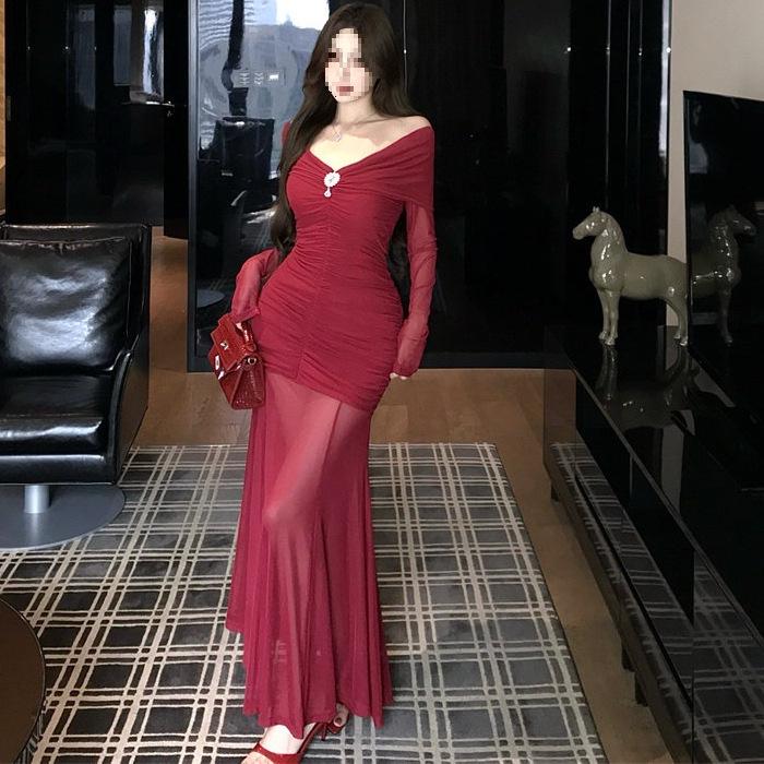 Elegant Mesh Patchwork Off-Shoulder Long Sleeve Bodycon Dress