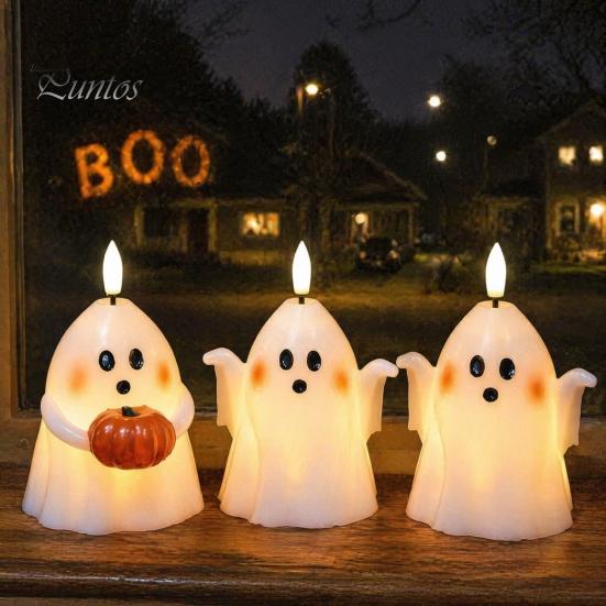Safe Decorative Night Lights Halloween Ghost Flameless Candle, Cute Holding BOO Letter Tealight, Kid Friendly Gifts Battery Operated LED Flickering