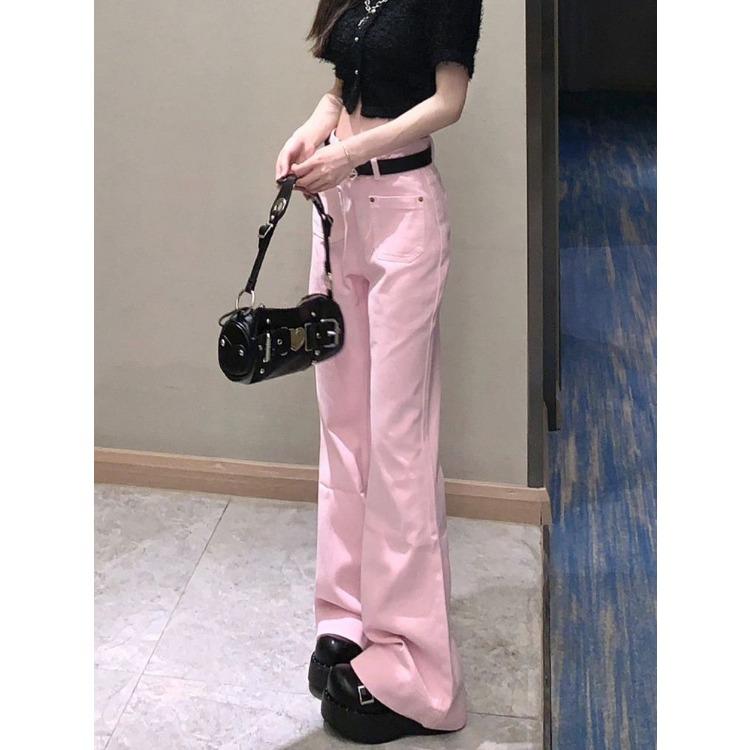 Vintage American Pink Flared Jeans Women High Waist Slim Fit Retro Bottom Trousers