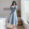 French Retro Square Collar Dress Female Autumn Winter New Elegant Fairy Slim Clothing Blue Fashion Evening Party Long Dresses