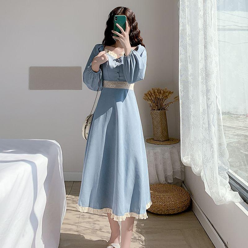 French Retro Square Collar Dress Female Autumn Winter New Elegant Fairy Slim Clothing Blue Fashion Evening Party Long Dresses