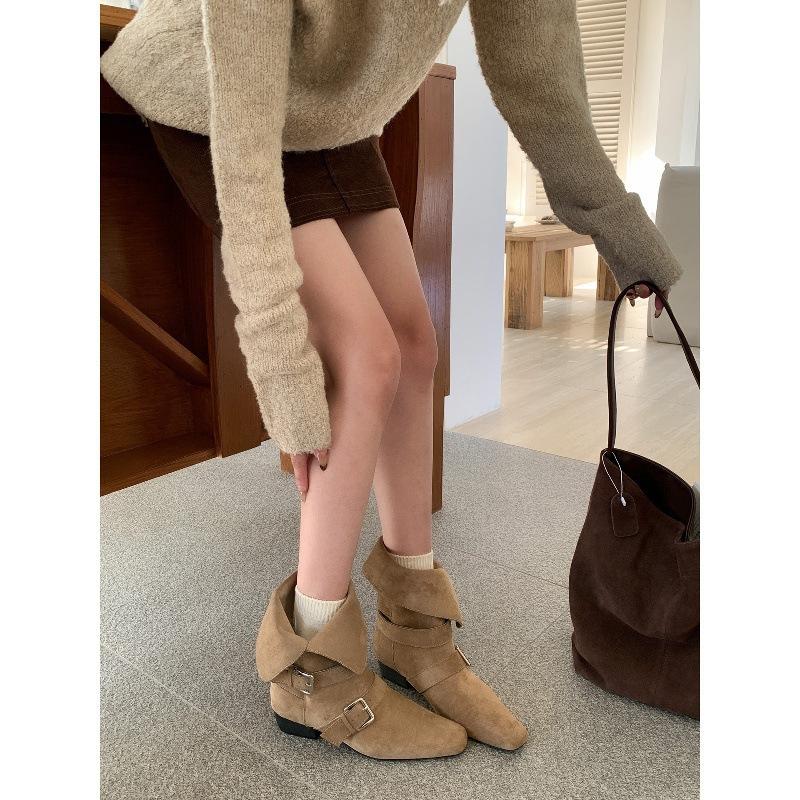 Coarse heel retro suede skinny short boots women's shoes 2025 new autumn and winter brown Martin boots French western ankle boots