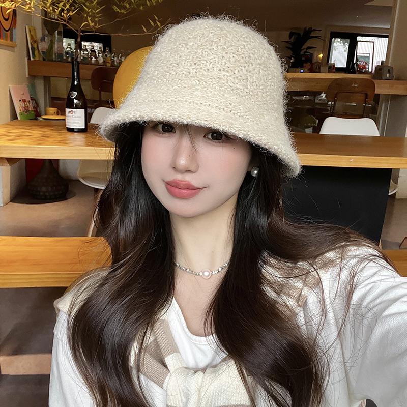 Hat Female Autumn and Winter Knitted Bucket Hat Plain Face Covering Bucket Hat Versatile Face Small Wool Basin Hat