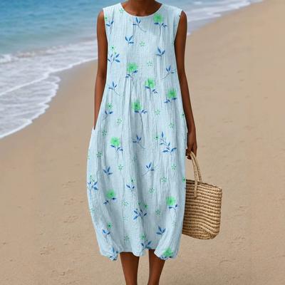 2026 New Sleeveless Holiday Dress Large Version Loose Casual Crew Neck Digital Printing - Bamboo Hemp