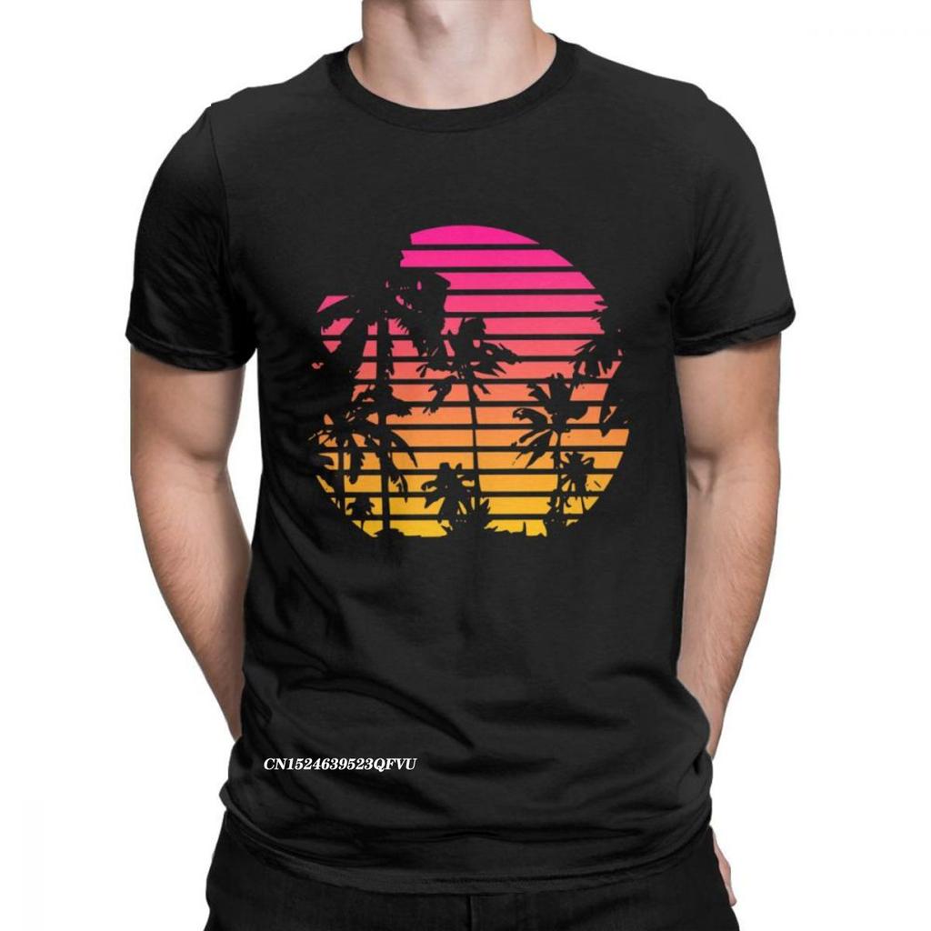 Sunset Palm Tree Vintage T Shirts 80s Synthwave Clothes Vaporwave Oversized T Shirt Men's T-Shirts Japanese