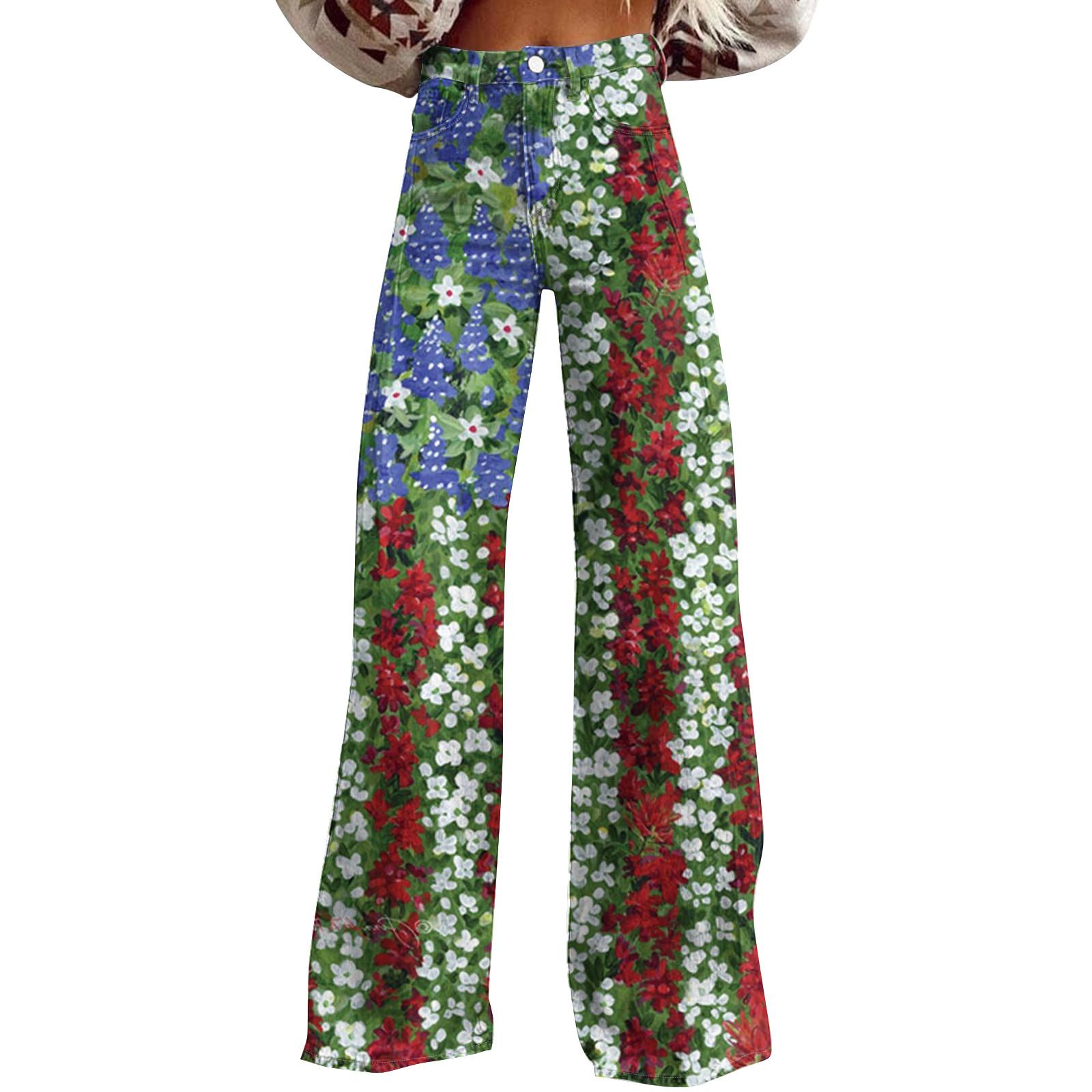 

Широкие расклешенные джинсы для женщин с карманами, мешковатые брюки с винтажным цветочным принтом и высокой талией, свободные брюки XXL