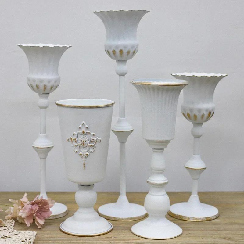 European White Iron Art Vase Florist Tall Cup Shape Flower Vase Arrangement Ornament Hotel Banquet Party Desktop Decoration