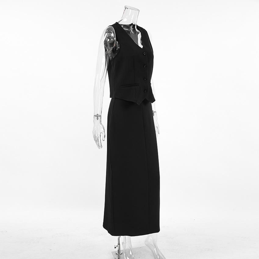 Temperament black mysterious V-neck sleeveless vest long split skirt set summer sexy casual commuter women's clothing