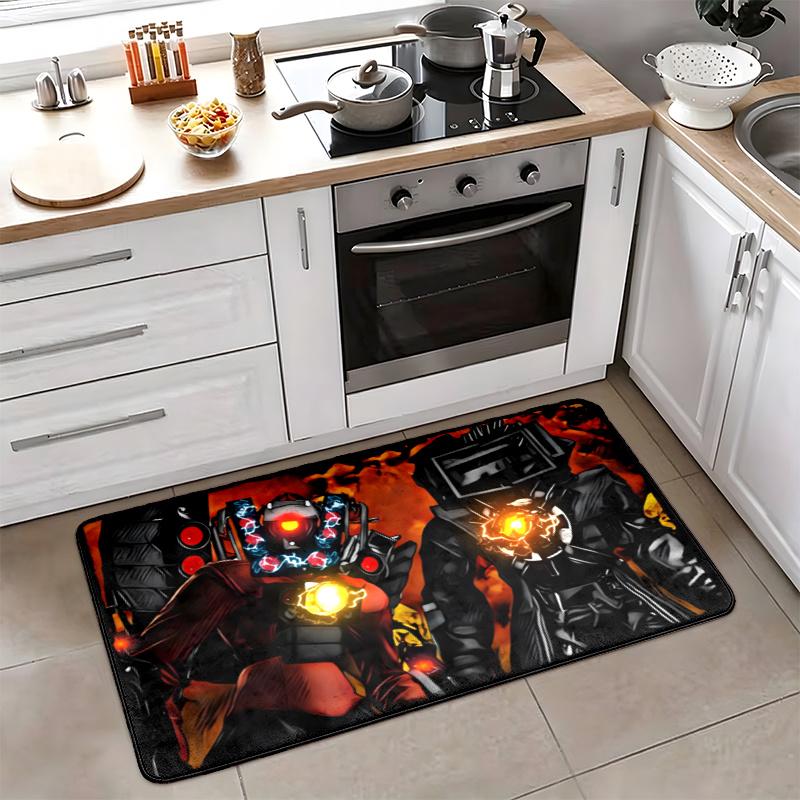 Skibidi Toilet Flannel Kitchen Floor Mat Absorbent Non-Slip Soft Standing Mat Washable Comfortable Kitchen Rug for Home Sink Laundry