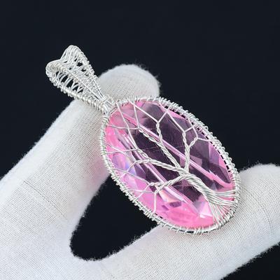 Rosa Kunzit Edelstein Anhänger, 925 Sterling Silber Anhänger, Baum des Lebens Schmuck, Draht gewickelt Anhänger, Rosa Kunzit Schmuck, Kunzit Geschenke