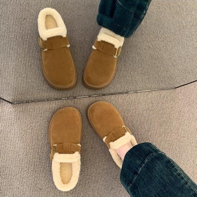 Women's Large Size Thick Bottom Winter Warm Fur One Snow Boots Thickened Lined Ankle Boots Non-slip Hiking Sports Cotton Slippers