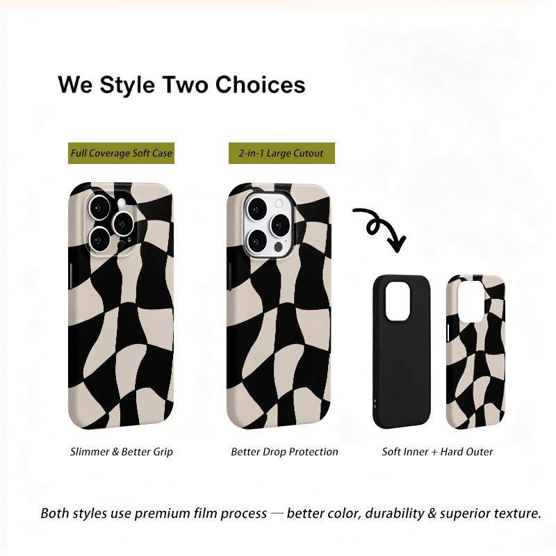 Warped Distorted Checkered Grid Black Cream Abstract Art Film Aesthetic Protective Shockproof Bumper Phone Case Cover For iPhone 14 15 16 Pro Max Plus
