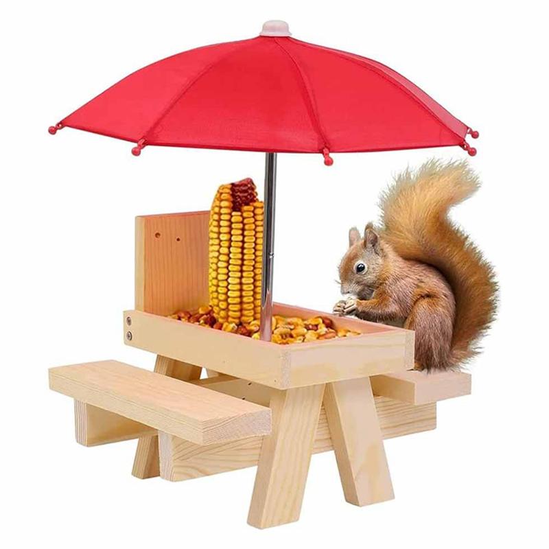 AEE4-Squirrel Feeder Picnic Table With Umbrella,Wooden Squirrel Feeders For Outside,Cute Chipmunk Feeder+Solid Structure