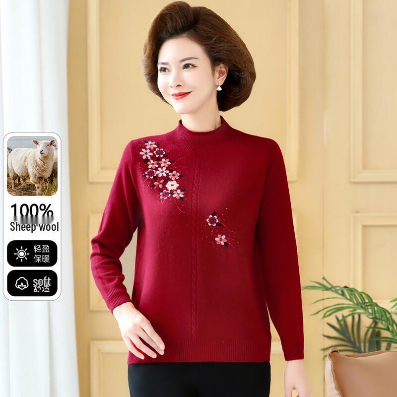 SNOWFLYING Women s 100% Wool Embroidered Semi-High Neck Base Shirt L