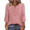 Damen Oberteile Dreiviertelarm V-Ausschnitt T-Shirts mit Hohlstickerei Muster Lockerer Schnitt Freizeitbluse Tägliche Kleidung