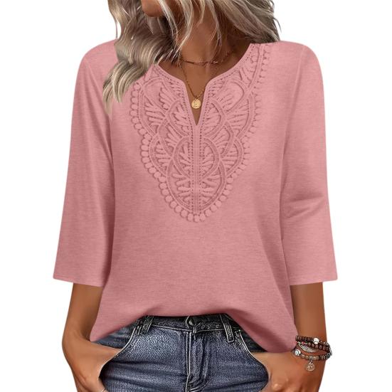 Damen Oberteile Dreiviertelarm V-Ausschnitt T-Shirts mit Hohlstickerei Muster Lockerer Schnitt Freizeitbluse Tägliche Kleidung