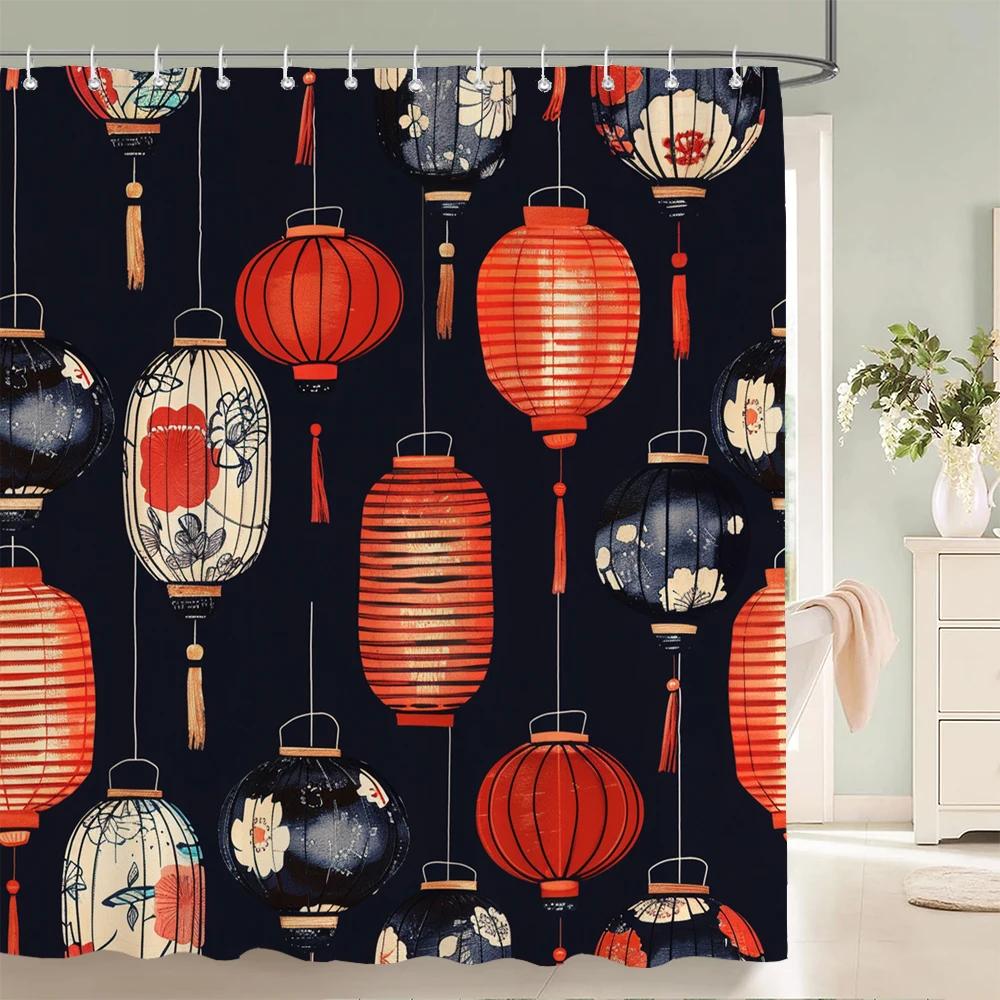 Japanischer Stil Blumen Vogel Duschvorhang Abstrakt Berg Rot Floral Pflanze Tuschekunst Landschaft Stoff Dekor Badezimmervorhänge