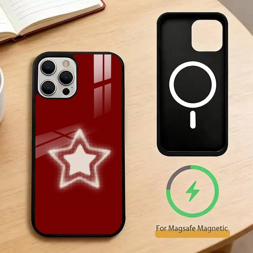 Minimalist Red Star Phone Case For iPhone17,16,15,14,13,12,11 Plus,Pro Magnetic with Magsafe Wireless Charging