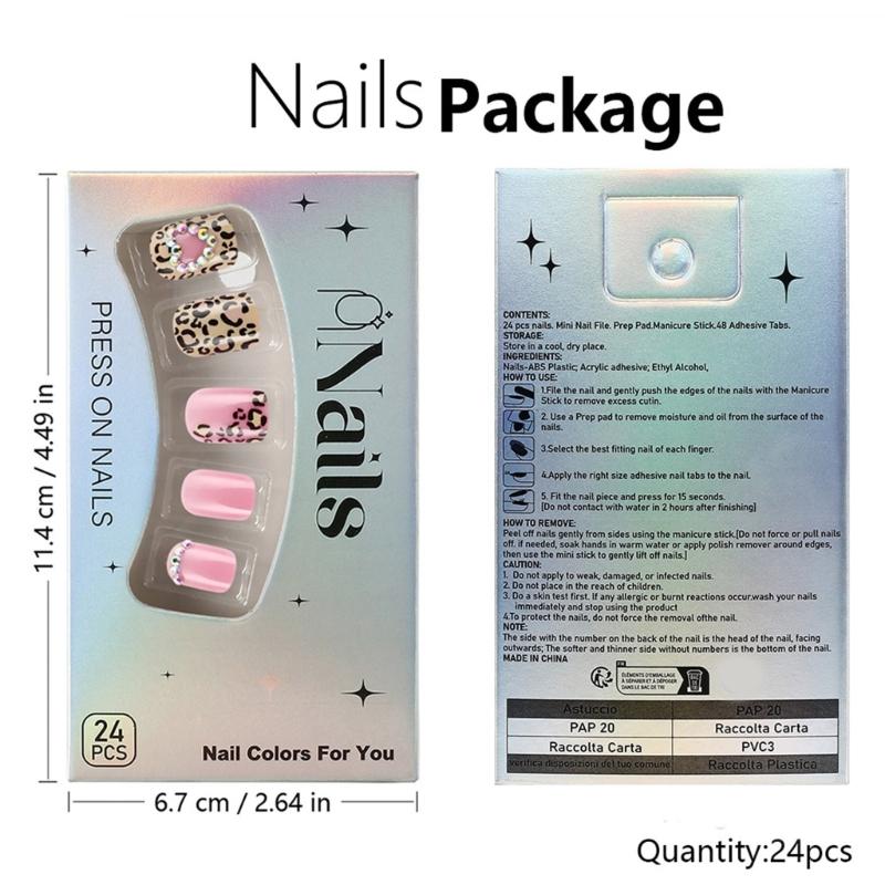 24 Pcs False Nail with Rhinestones Valentines Day Press On Nail Leopard Heart Acrylic Nail Full Cover Stick On Nail