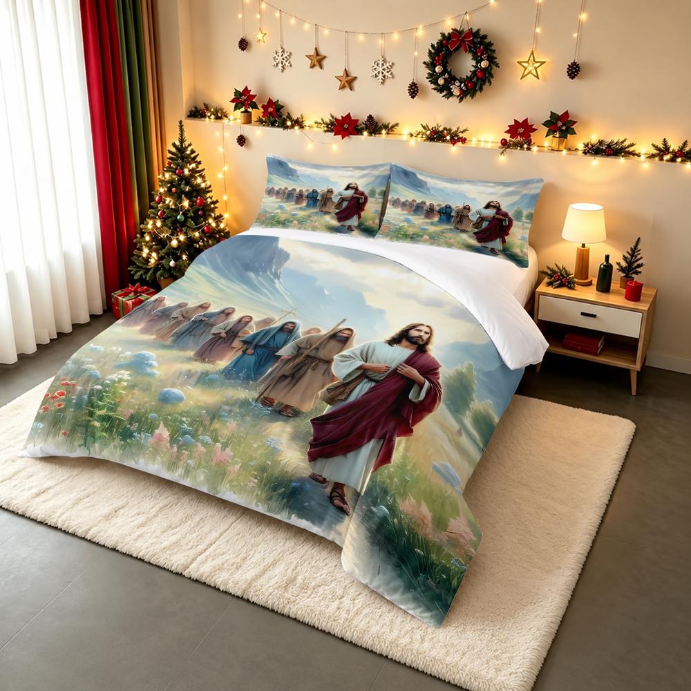 Jesus Leading Disciples Bedding set (1 duvet cover, 2 pillowcases, duvet not included), Meadow Pathway Religious Art Print