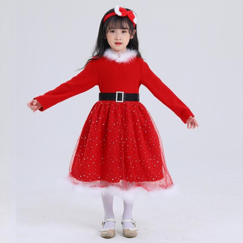 Santa Suit Christmas Santa Clauses Costume for Kids Girls Santa Costume Outfits Bow Headband + Glitter Tutu Dress