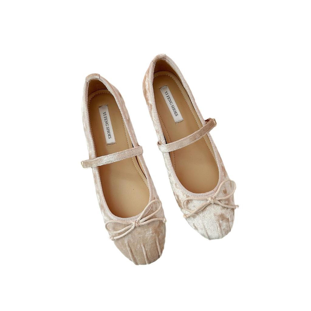 Inner Heightening Women's Shoes French Suede Bow Pig Nose Ballet Single Shoes Women's One-word Buckle Strap Flat Mary Jane Shoes