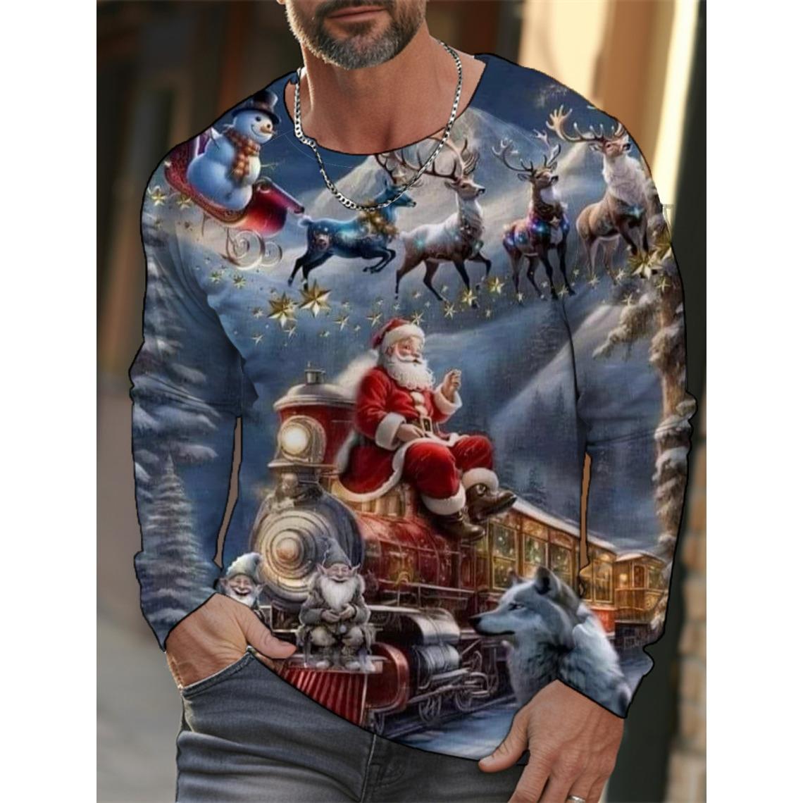 ETST0011 Heren Kerst Sneeuwvlok Print Lange Mouw T-shirt Kerst Cartoon Patroon Sport Casual Schattig Polyester Ronde Hals Lange Mouw M