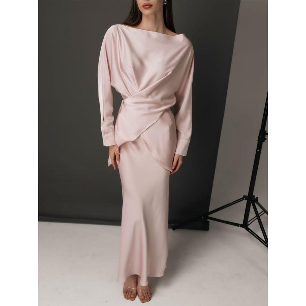 European and American Hot Style Elegant Satin Suit Women's Long Sleeve Tie Top Two-piece Skirt Set