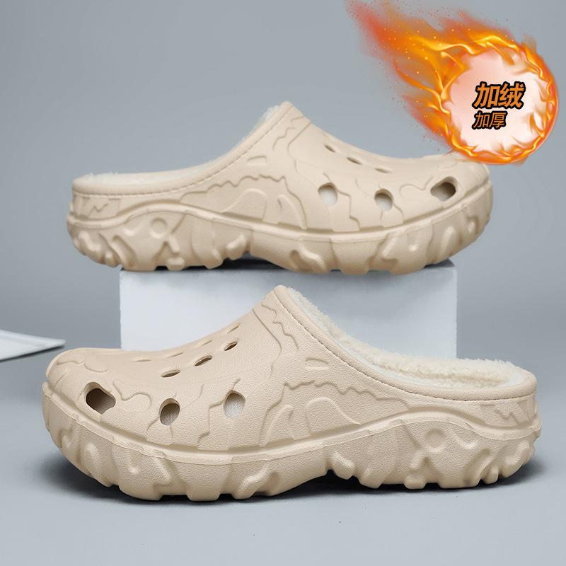 Large size cotton slippers winter indoor non-slip warm hole shoes outdoor piled thickened fluffy slippers