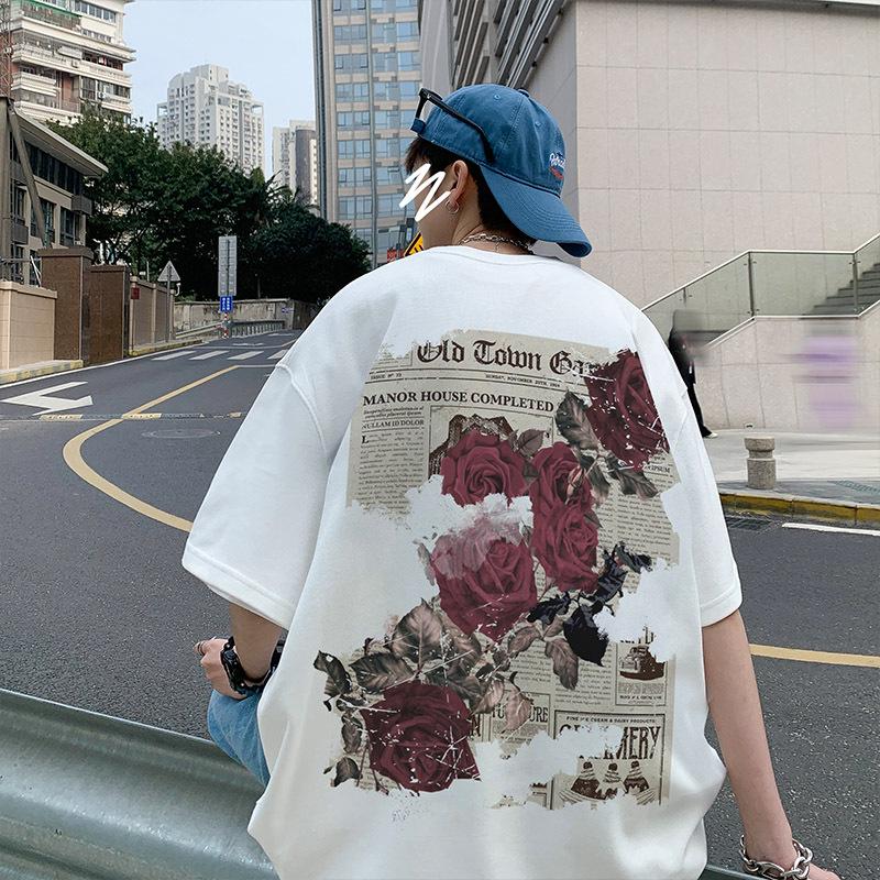 

Мужская футболка в стиле ретро с принтом роз большого размера – новый модный летний стиль L белый