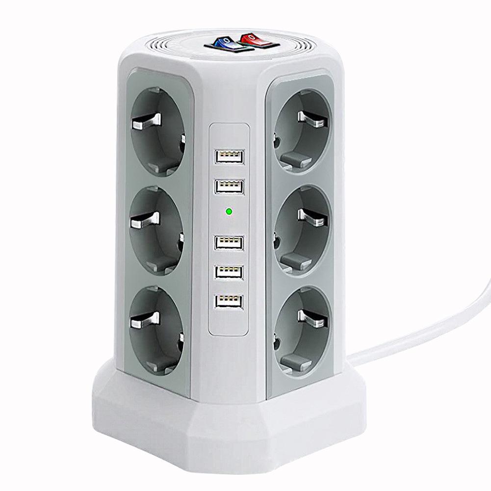European Standard Power Strip: 3-Layer, 12 Sockets, USB, Extension Cord, Multi-Hole Plug Board