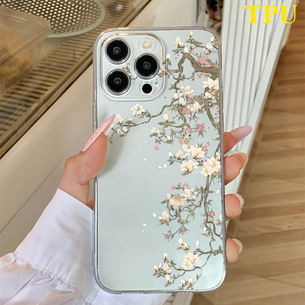 Transparent Minimalist White Orchid Branch Phone Case For Iphone17 16 15 14 13 12 11 16e Plus Pro Max Suitable Anti-Drop Cover