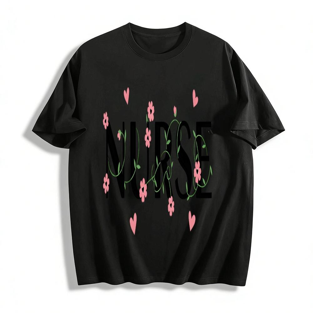 Floral Heart Nurse Graphic Print Casual Top For Women Pure cotton T-shirt XXS
