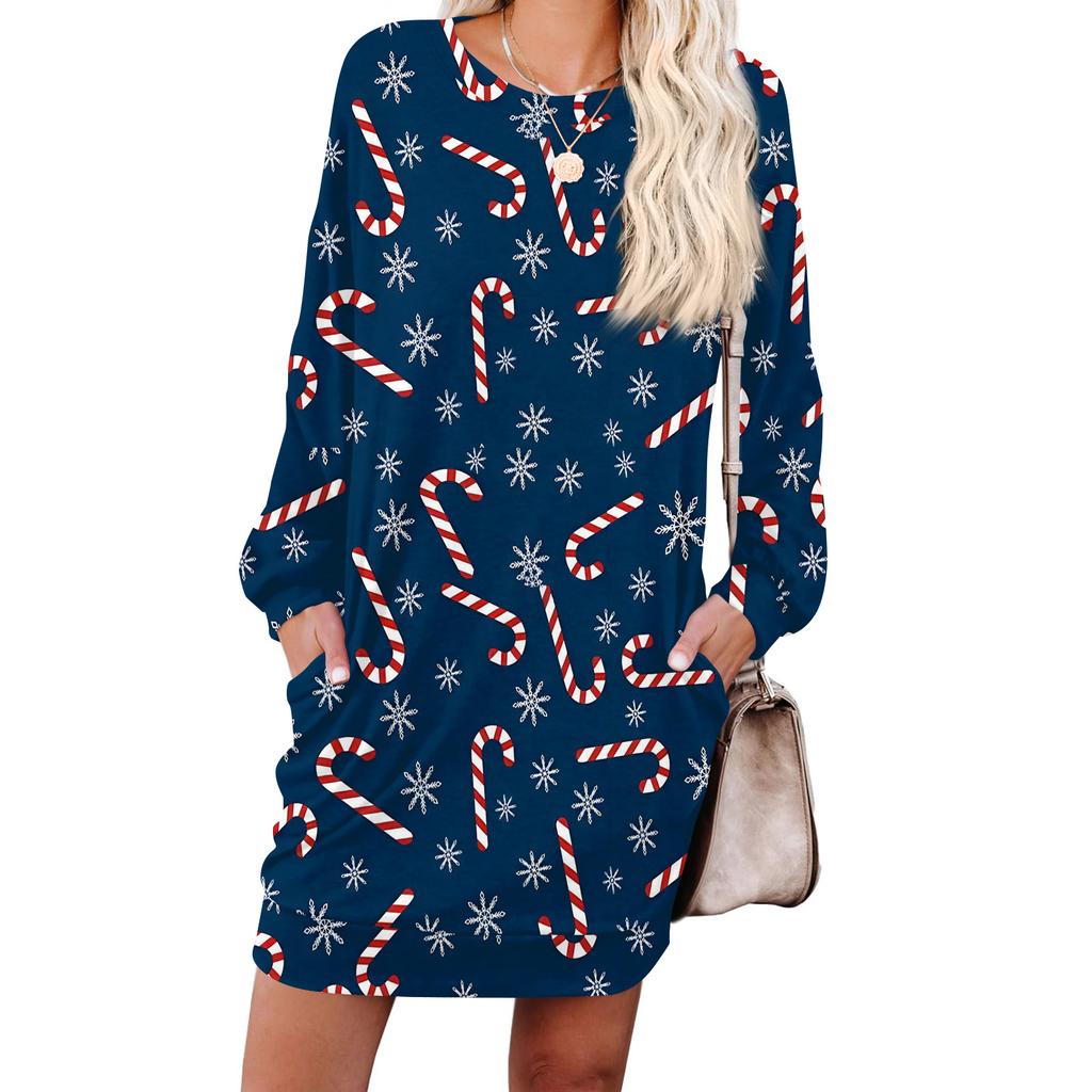 Damska modna sukienka z długim rękawem, z okrągłym dekoltem i kieszenią, w nadruk płatków śniegu