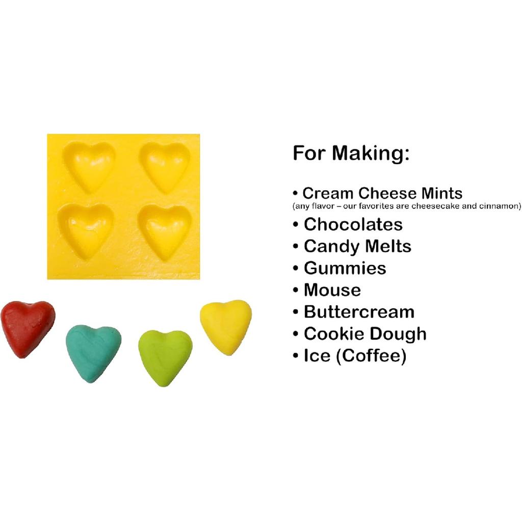 Hearts 4 Cavity Flexible Silicone Molds for Cream Cheese Mints, Chocolate, Fondant, Gummy, Fat Bombs, Ice Hearts, Soap, Buttercream, Butter, Candy