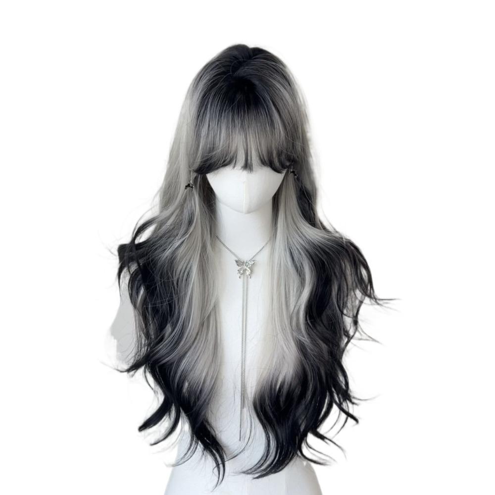 Halloween Long Body Wave Wigs Air Bangs Lolita Cosplay Wigs Black and Gray Gradient Wigs for Women