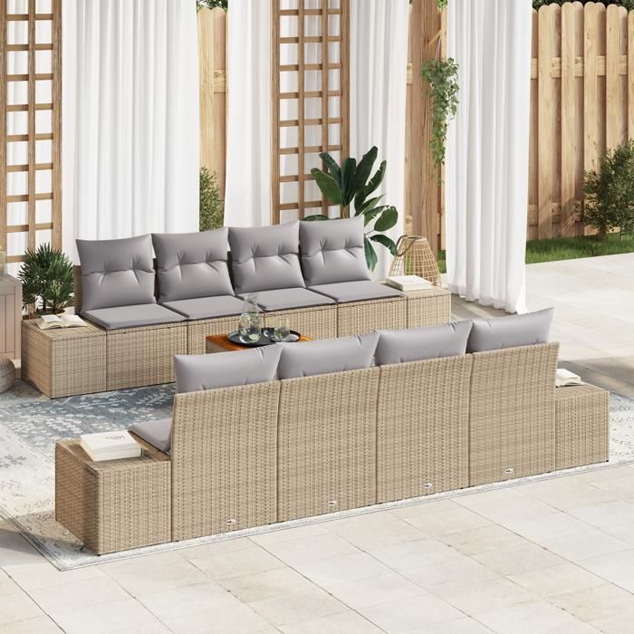 VidaXL Ensemble de canapé de jardin 9 pièces avec coussins en beige poly rotin acacia 3347931